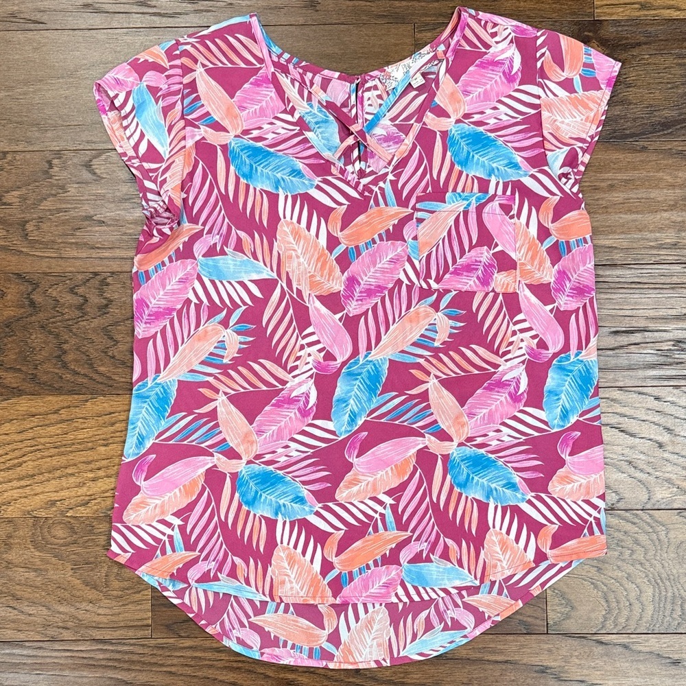 Pink Rose Multicolor Feather Print Top